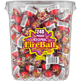 Wonka Atomic Fireball cinnamon hard candy, fiery red sphere for bold snacking