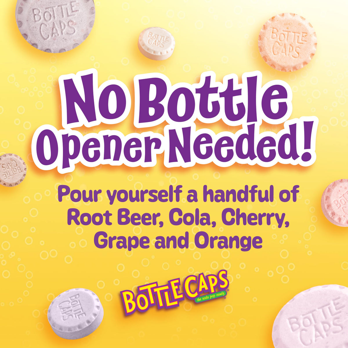Wonka Bottle Caps cherry cola tablet, crunchy and refreshing on the go.