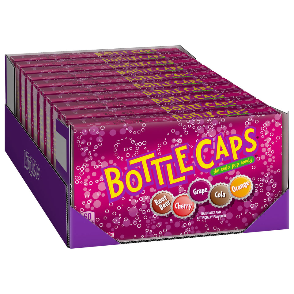 Wonka Bottle Caps fizzy tablet in box, ideal for sharing and nostalgia.