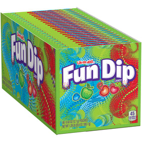 Wonka Fun Dip dipping action showing candy powder on a tasty stick.