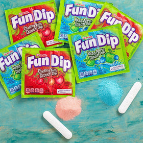 Wonka Fun Dip razz-apple flavors showcased in a colorful display.