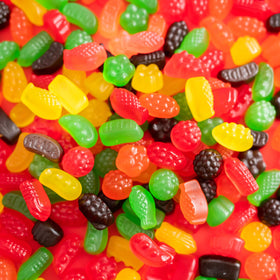 Closeup of Wonka Jujyfruits colorful gummies with fruity appeal