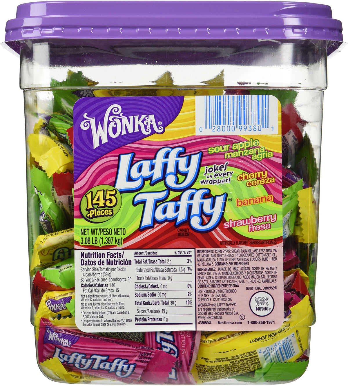Wonka Laffy Taffy 145ct tub with assorted flavors for sharing and snacking