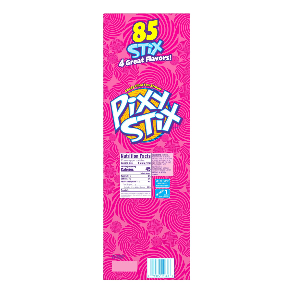 Wonka Pixy Stix pack closeup highlights vibrant powder textures.