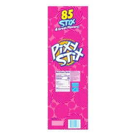 Wonka Pixy Stix pack closeup highlights vibrant powder textures.