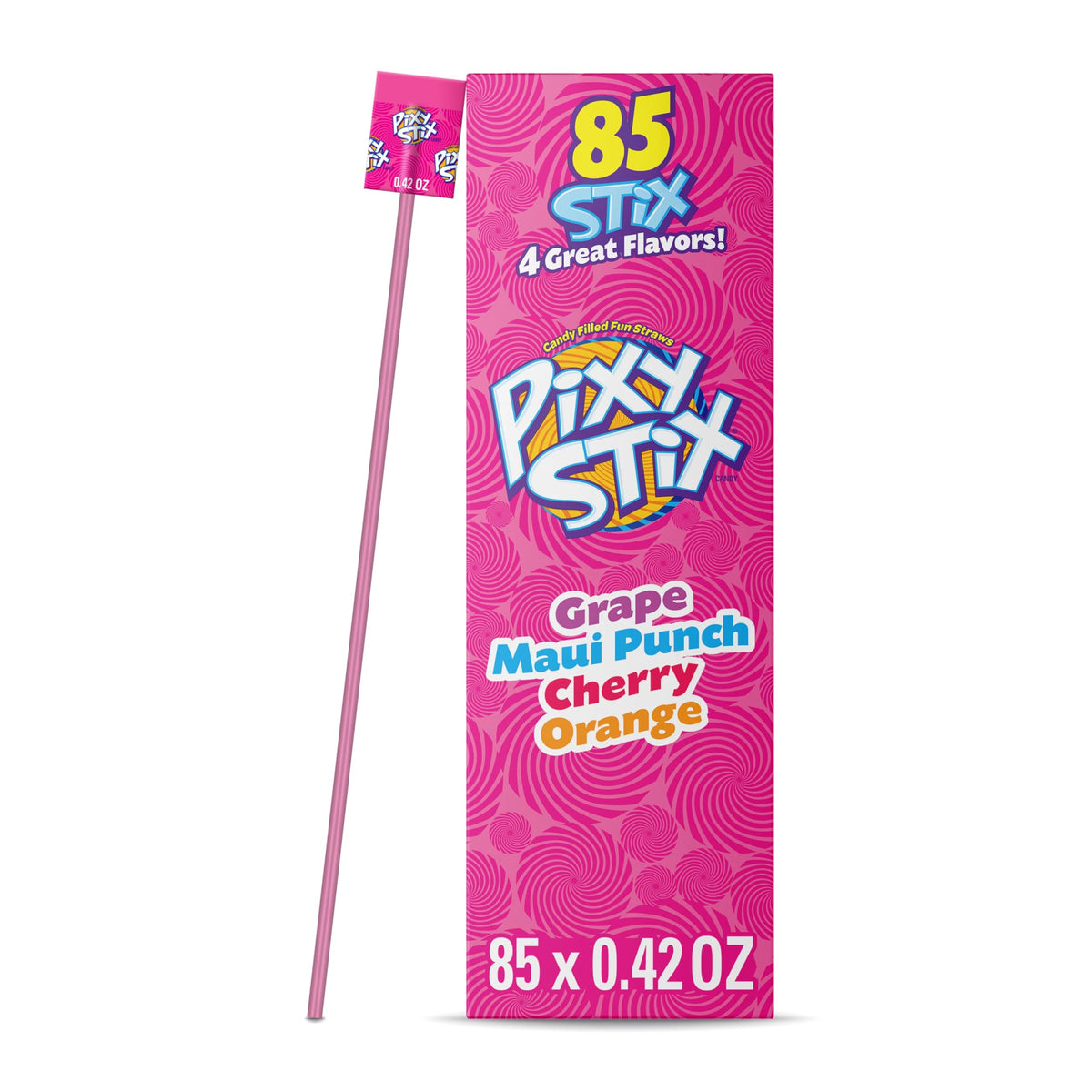 Wonka Pixy Stix 85ct variety pack with colorful powder for quick, fruity snacking.