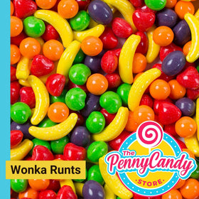 Wonka Runts front view showing colorful fruit shapes for nostalgic snacking.
