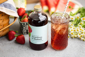 Wood Stove Kitchen Strawberry & Rhubarb Mix bottle label shows all-natural ingredients.