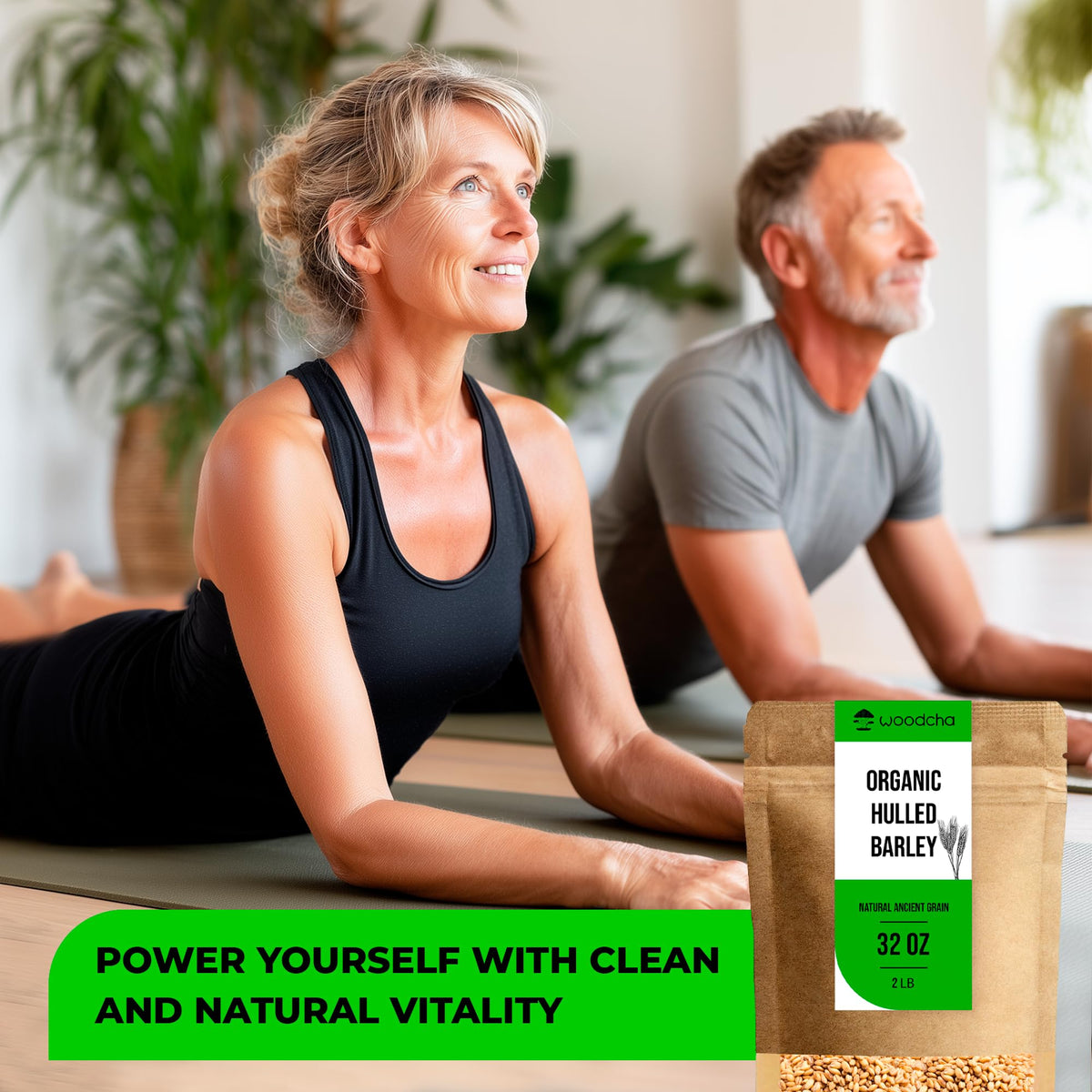 Woodcha label close-up emphasizes organic, clean ingredients and whole grain.