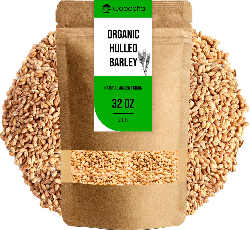 Woodcha hulled barley bag shows organic whole grain for daily meals.