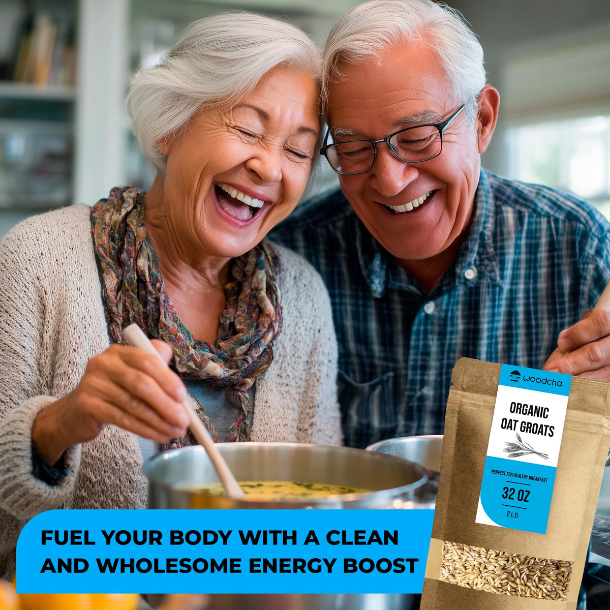 WOODCHA Oat Groats on pantry shelf with clear label