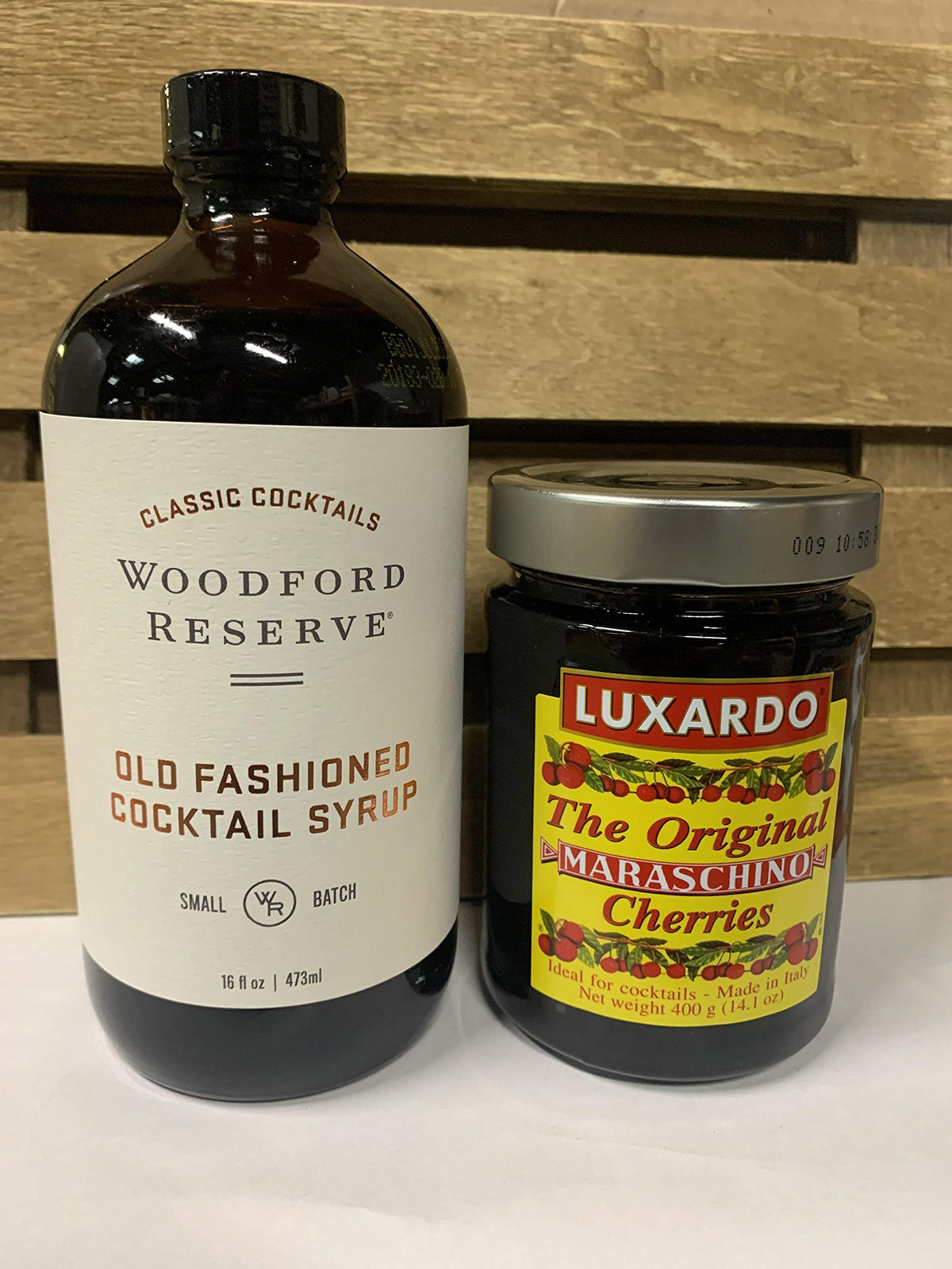 Woodford Luxardo Old Fashioned Combo display showing cherry garnish and syrup for cocktails