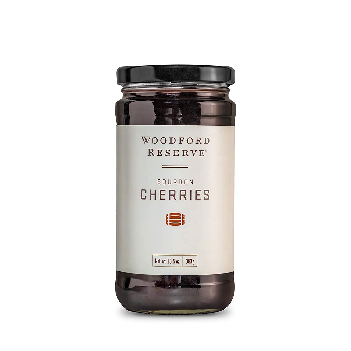 Woodford Reserve Bourbon Cherries jar, premium garnish enhances cocktails with rich cherry flavor