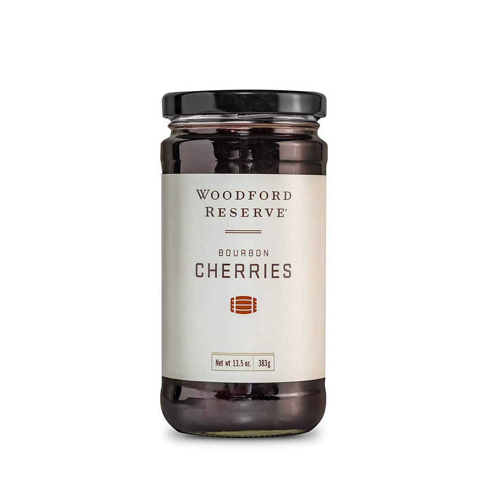 Woodford Reserve Bourbon Cherries jar, premium garnish enhances cocktails with rich cherry flavor
