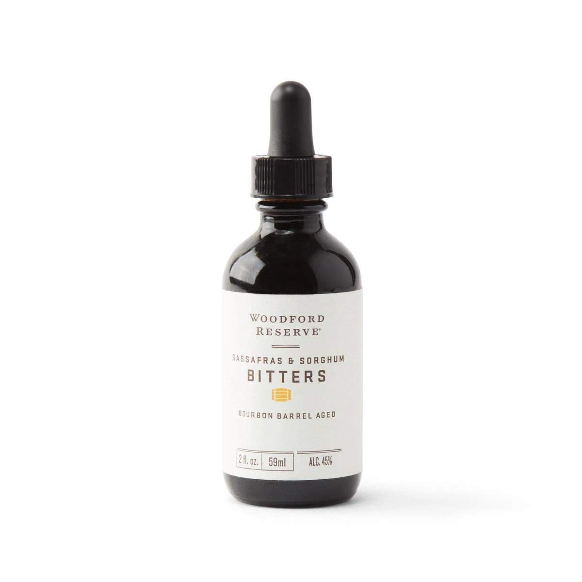 Woodford Reserve Sassafras and Sorghum Bitters bottle enhances Old Fashioned flavor with bourbon depth.