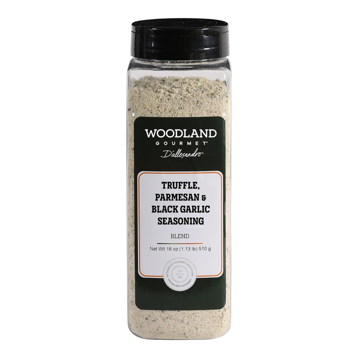 Woodland Gourmet Truffle Parmesan and Black Garlic Seasoning jar, rich aroma enhances meals