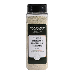 Woodland Gourmet Truffle Parmesan and Black Garlic Seasoning jar, rich aroma enhances meals