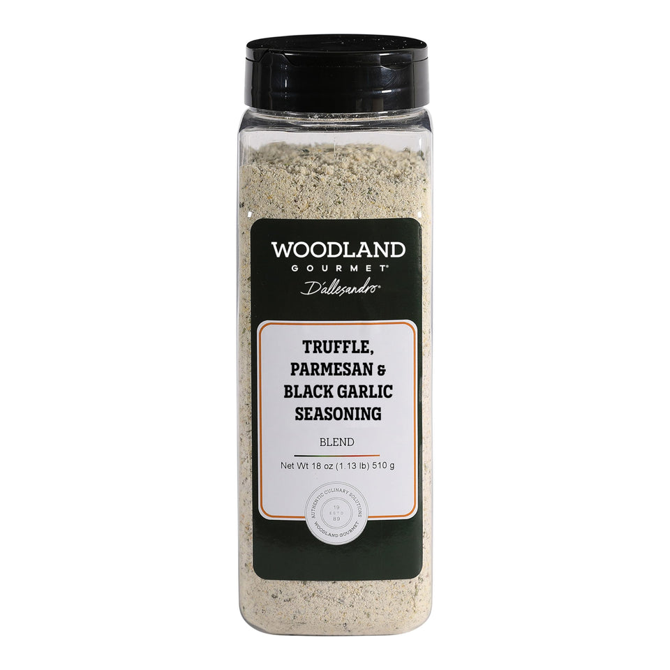 Woodland Gourmet Truffle Parmesan and Black Garlic Seasoning jar, rich aroma enhances meals