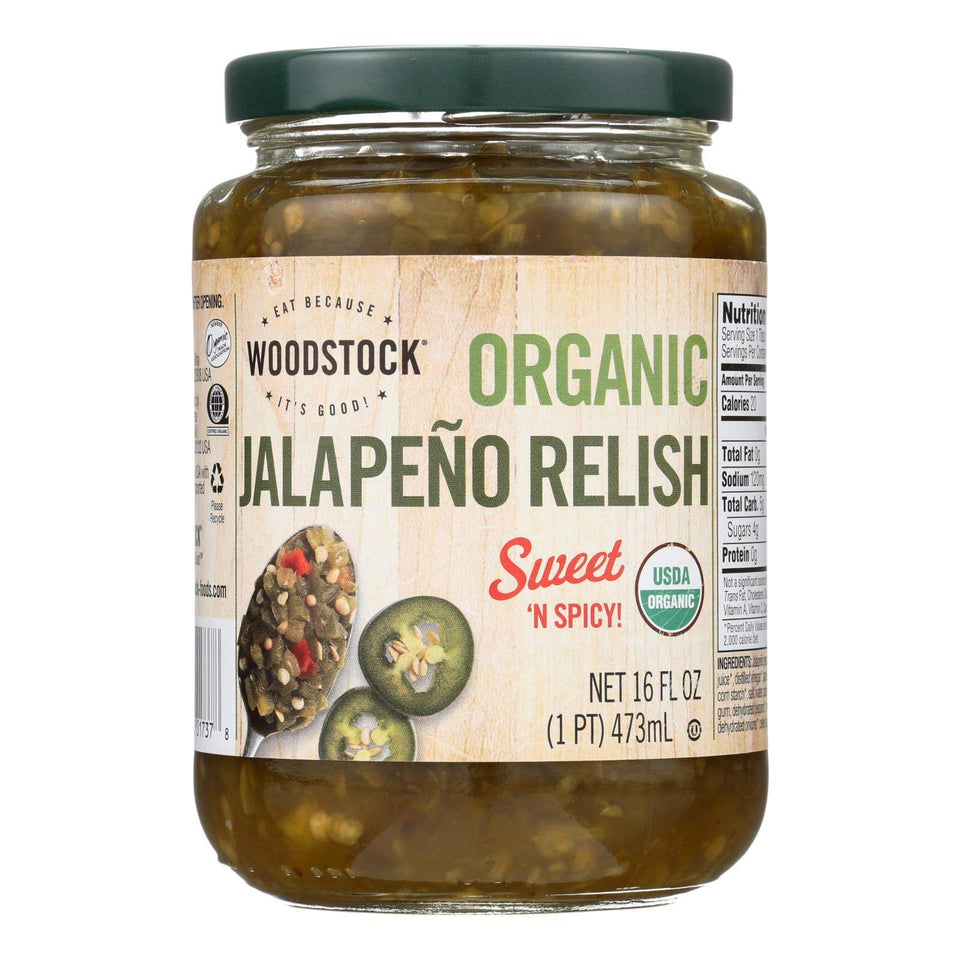 Woodstock Farms Organic Jalapeno Relish bottle highlighting vibrant peppers for bold flavor.