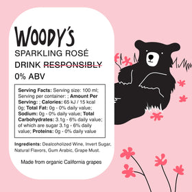 Woody's Sparkling Rosé bottle side angle highlights elegant label and mindful sipping.