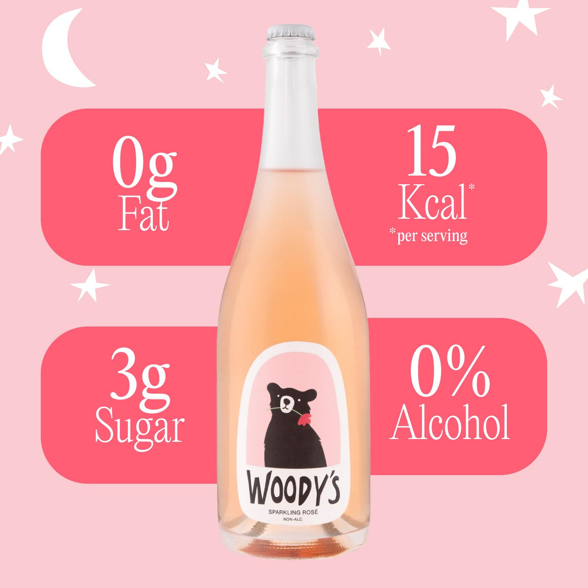Woody's Sparkling Rosé ingredients close view underlines vegan and gluten-free promise.