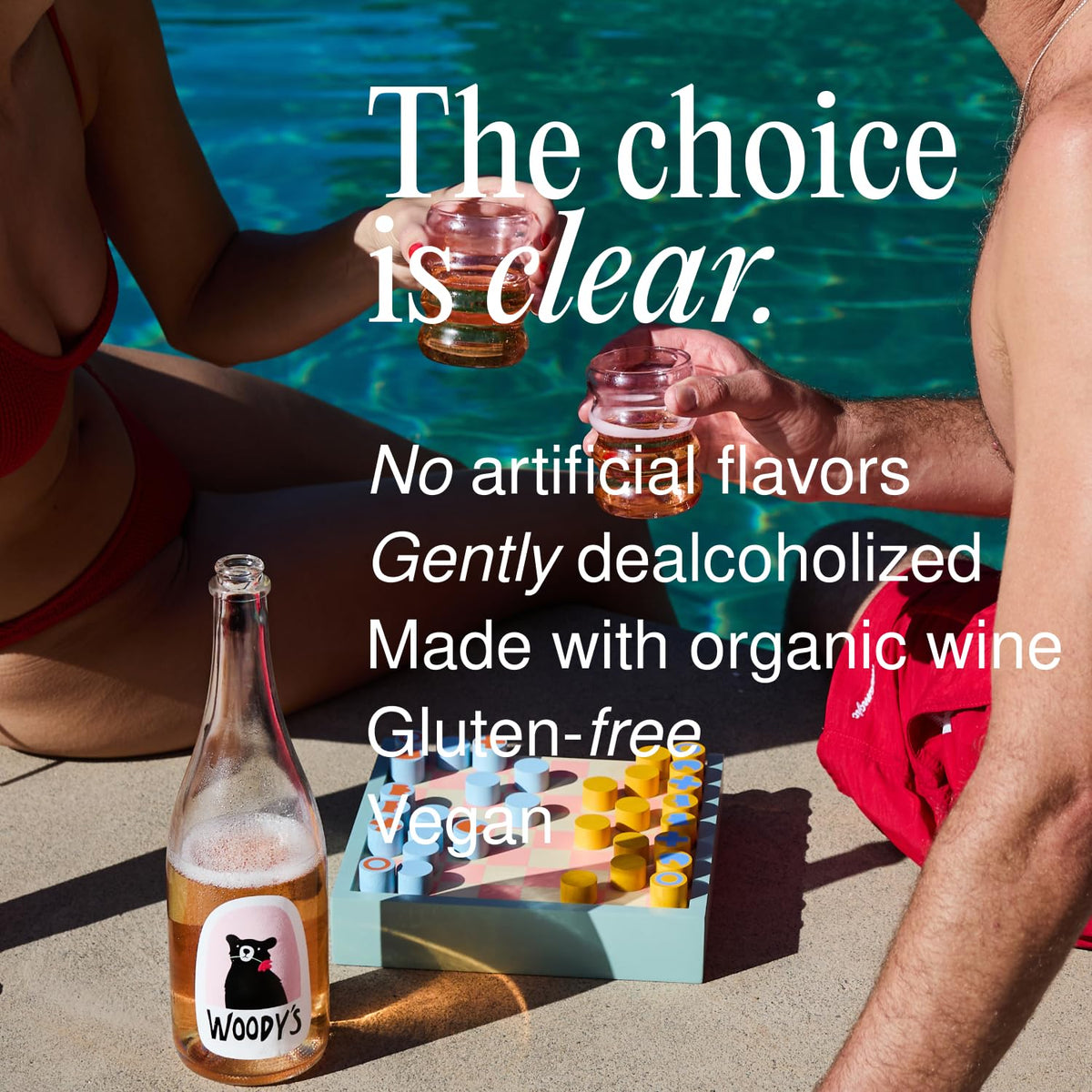 Woody's Sparkling Rosé label close-up emphasizes ethics and California origin.
