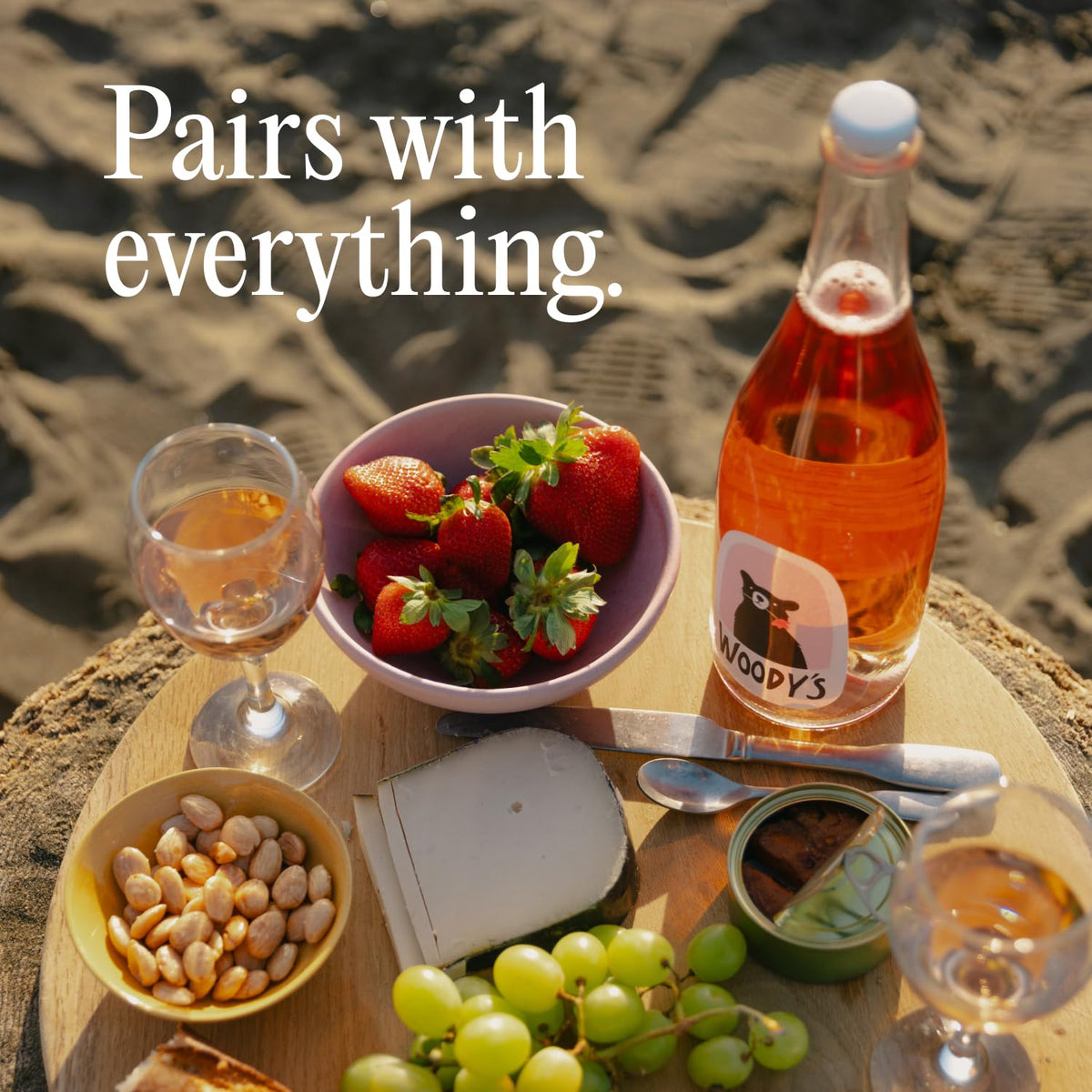 Woody's Sparkling Rosé packaging image demonstrates shelf-stable elegance.