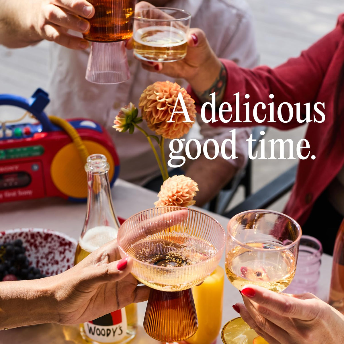Woody's Sparkling Rosé ready to serve celebration idea in a glass.