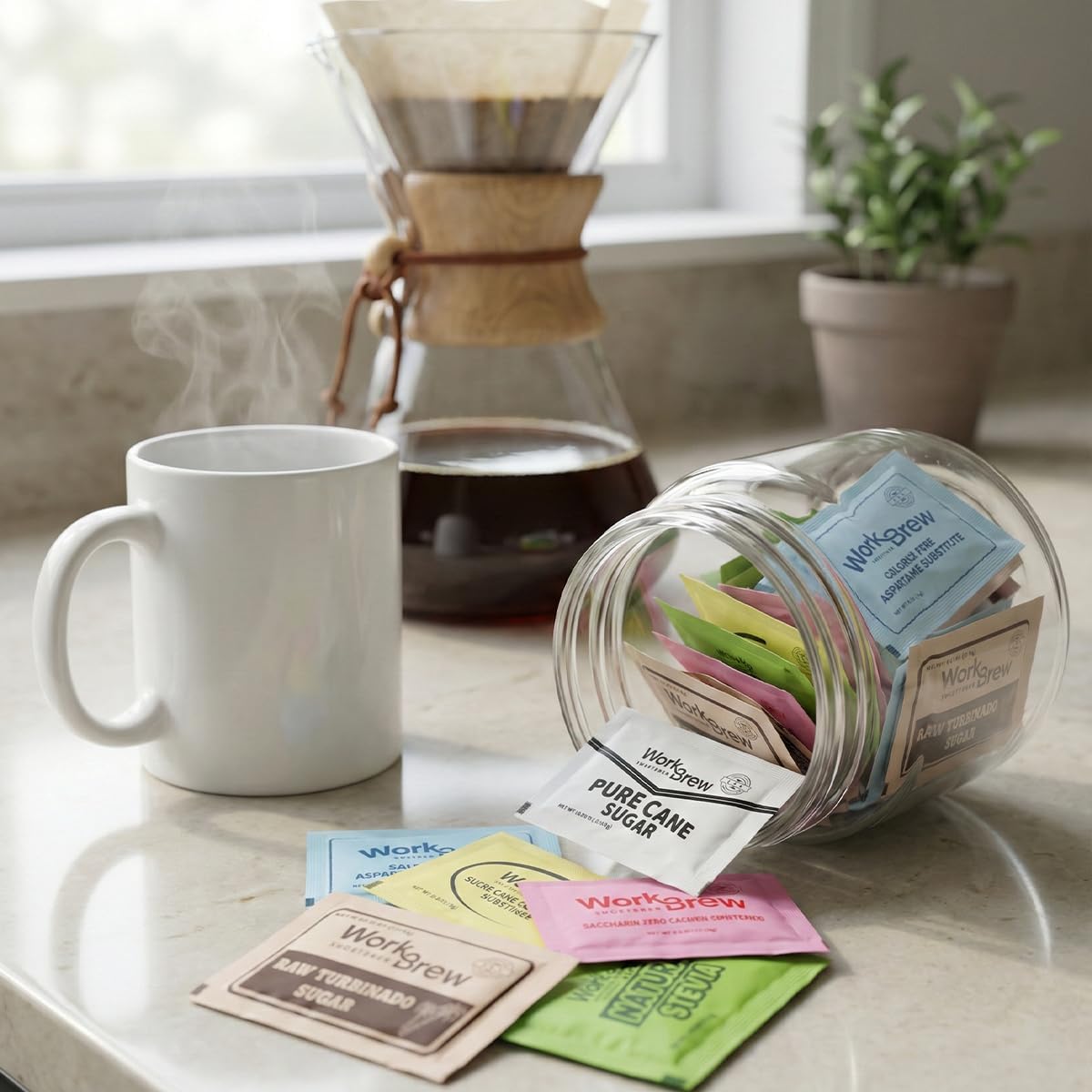 WorkBrew aspartame packets provide quick, consistent sweetness for daily coffee.