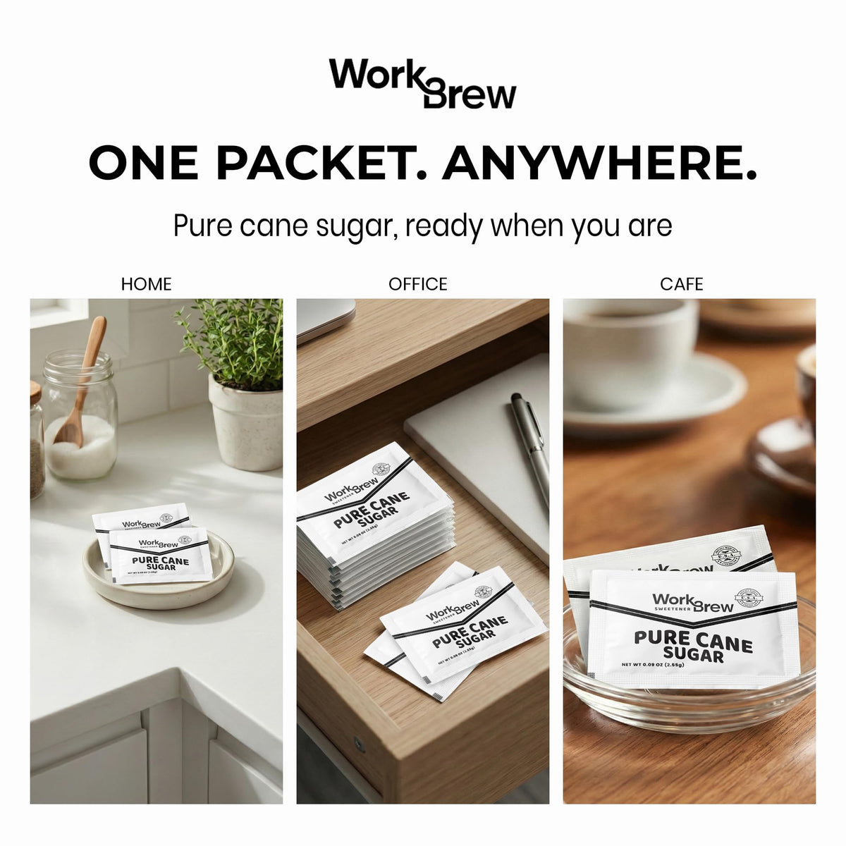 WorkBrew single-serve packets in a cafe setting for hygienic service.