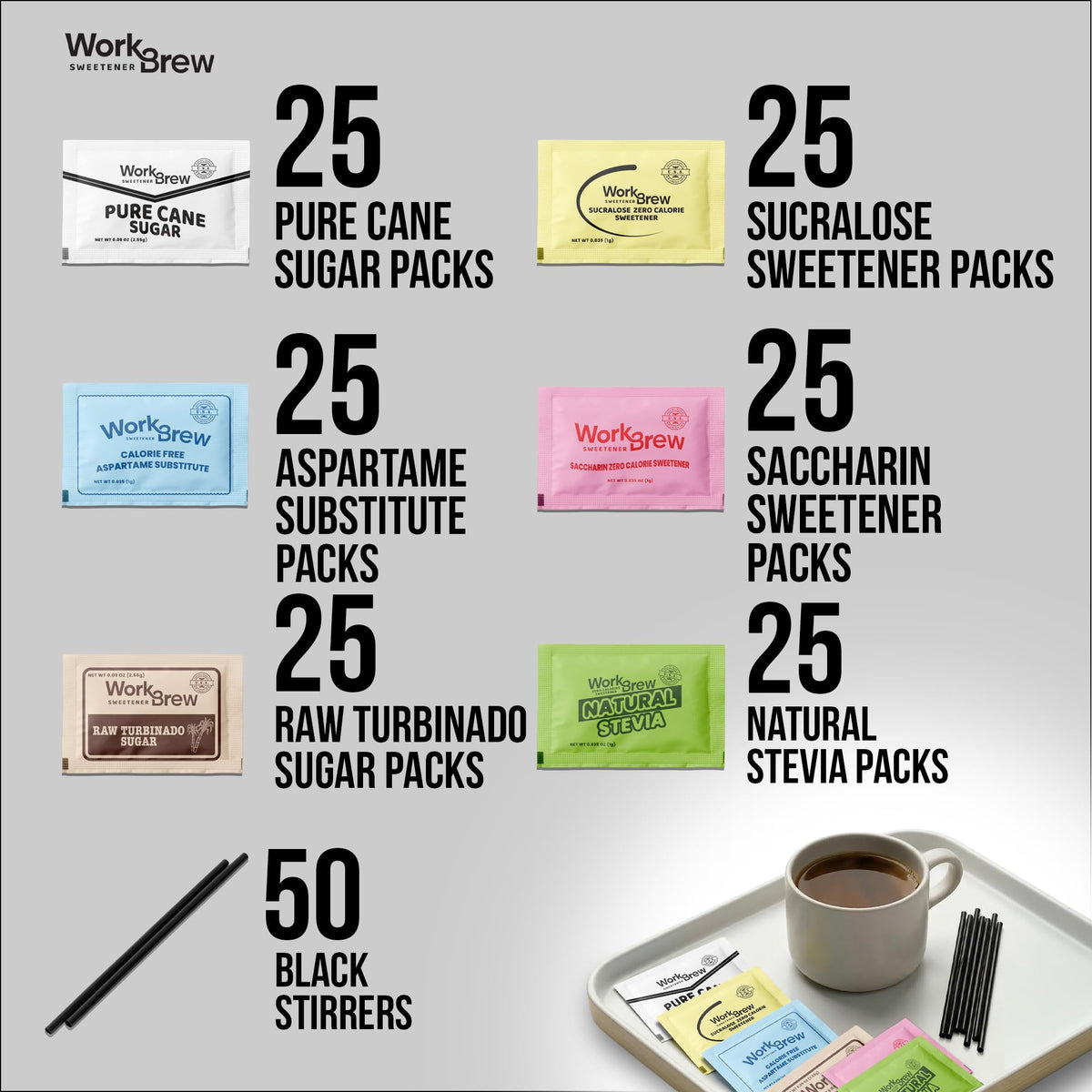 WorkBrew stevia packets provide zero calorie sweetness for healthier beverages.