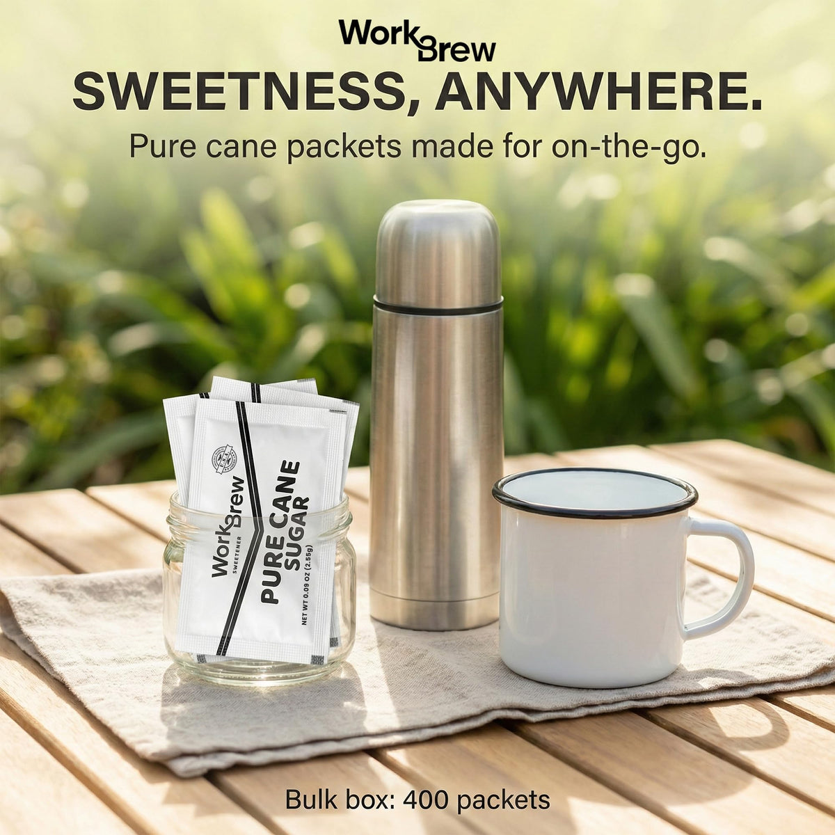WorkBrew sugar packets on a countertop ready for busy breaks.