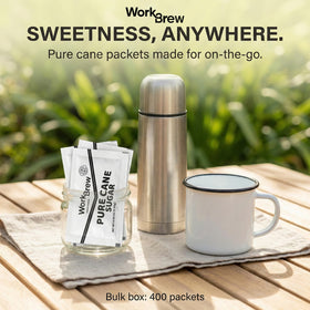 WorkBrew sugar packets on a countertop ready for busy breaks.
