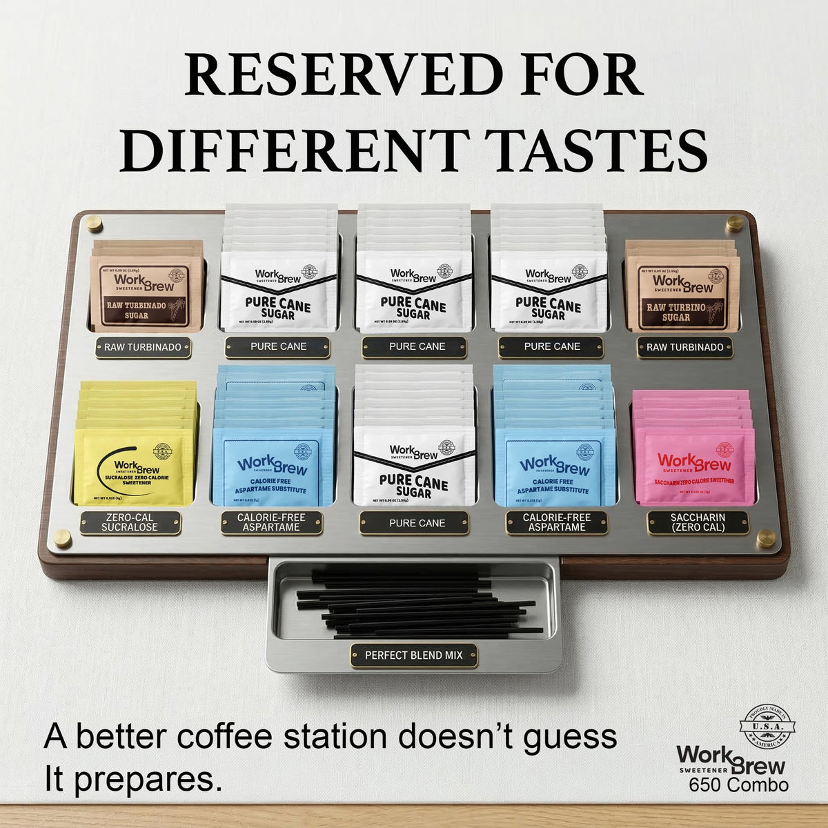 WorkBrew aspartame packets provide quick calorie-free sweetness for tea