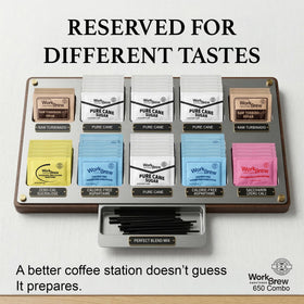 WorkBrew aspartame packets provide quick calorie-free sweetness for tea