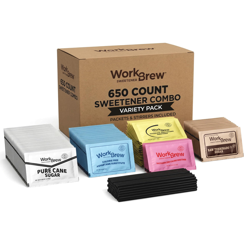 WorkBrew cane sugar packets in a tidy office beverage tray