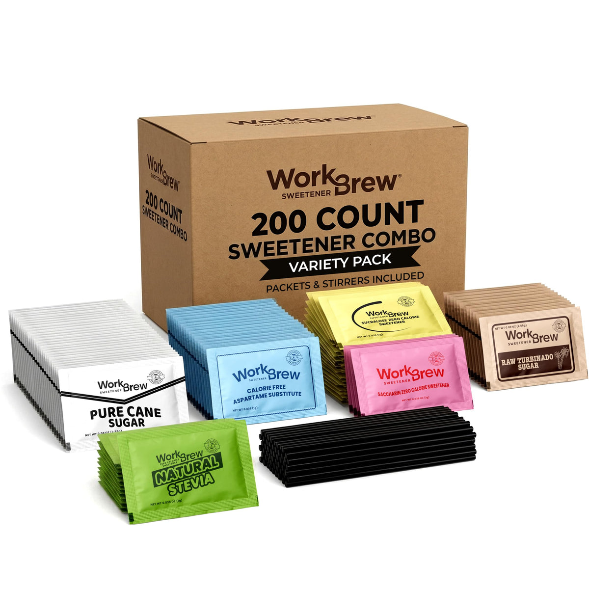 WorkBrew sweetener packets variety pack for versatile coffee and tea use.