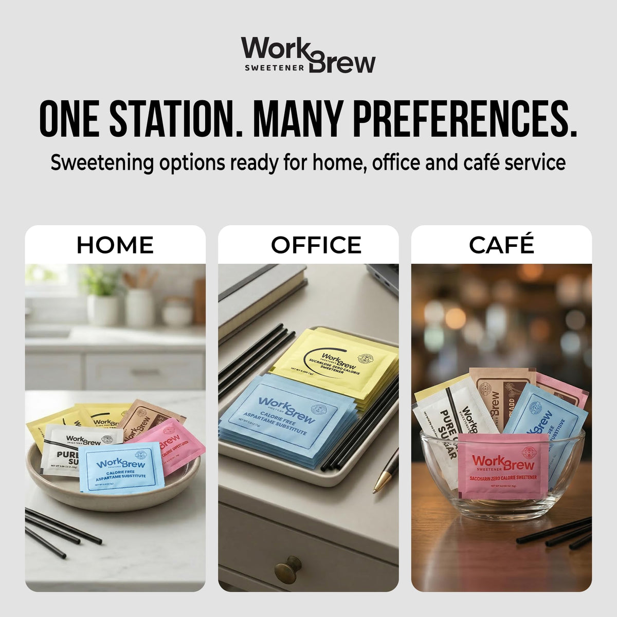 WorkBrew saccharin packets streamline sweetening at a desk