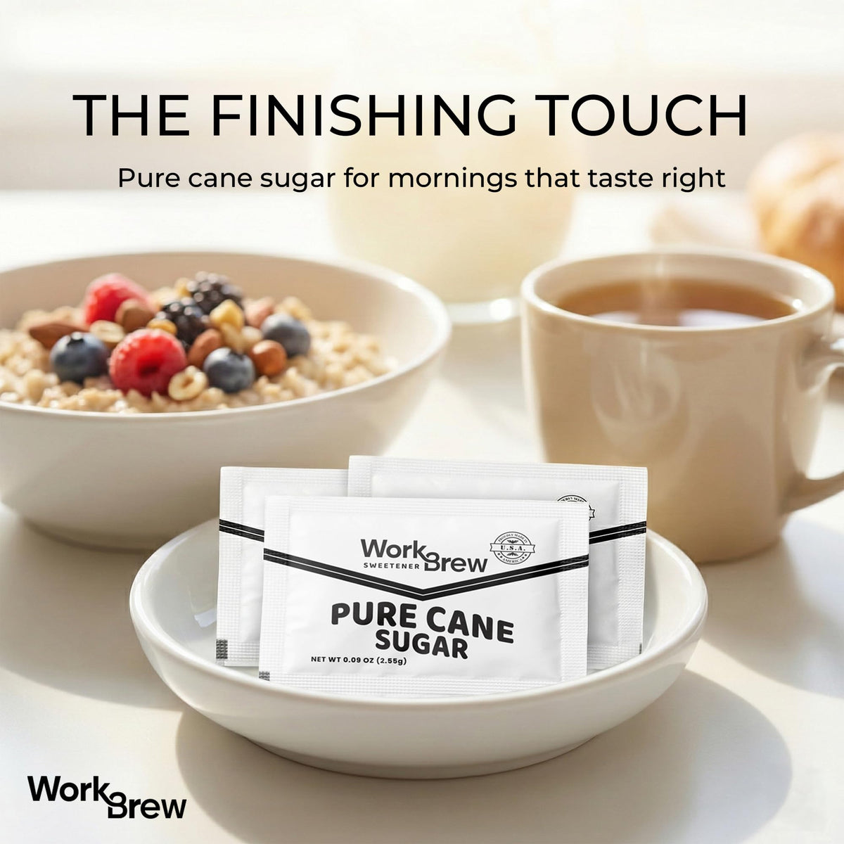 WorkBrew USA-made kosher sugar packets ensuring consistent quality.