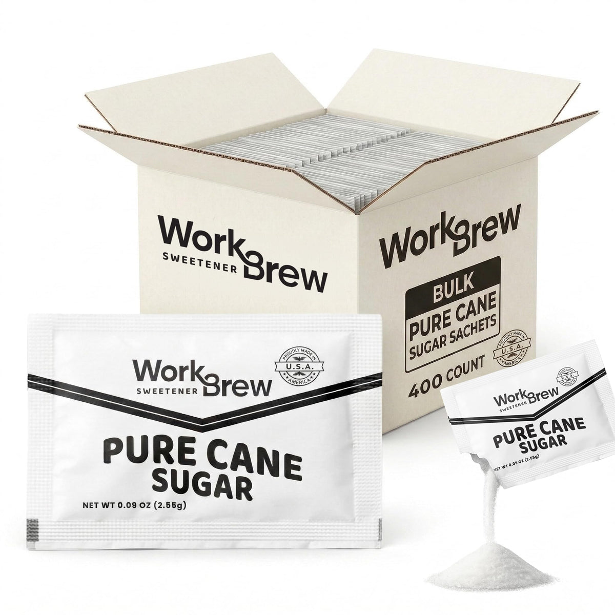 WorkBrew white cane sugar packets in a box for quick restocking and consistency.