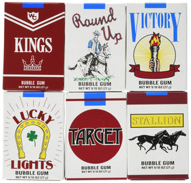 World Bubble Gum Cigarettes display box with nostalgic packaging for party favors.