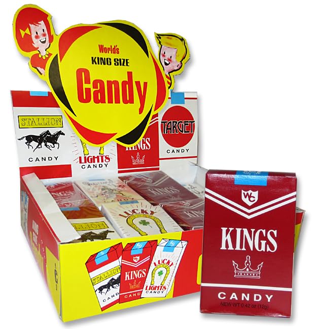 World Confections candy cigarettes red-tip packaging close-up for retro display