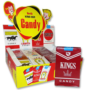 World Confections candy cigarettes red-tip packaging close-up for retro display