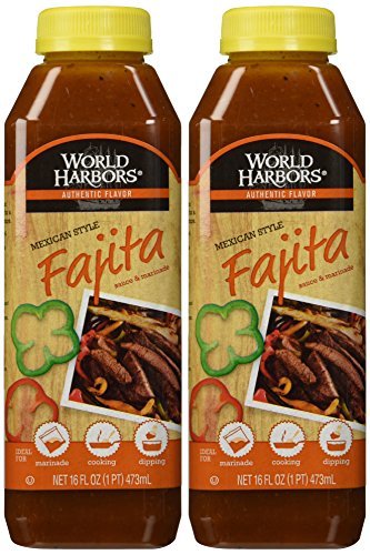 World Harbors fajita sauce bottle 2-pack pouring, ideal for versatile marinade and finishing fajitas.