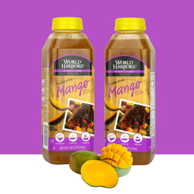 World Harbors Island Mango Sauce & Marinade pour demonstrates easy glaze and marinade.