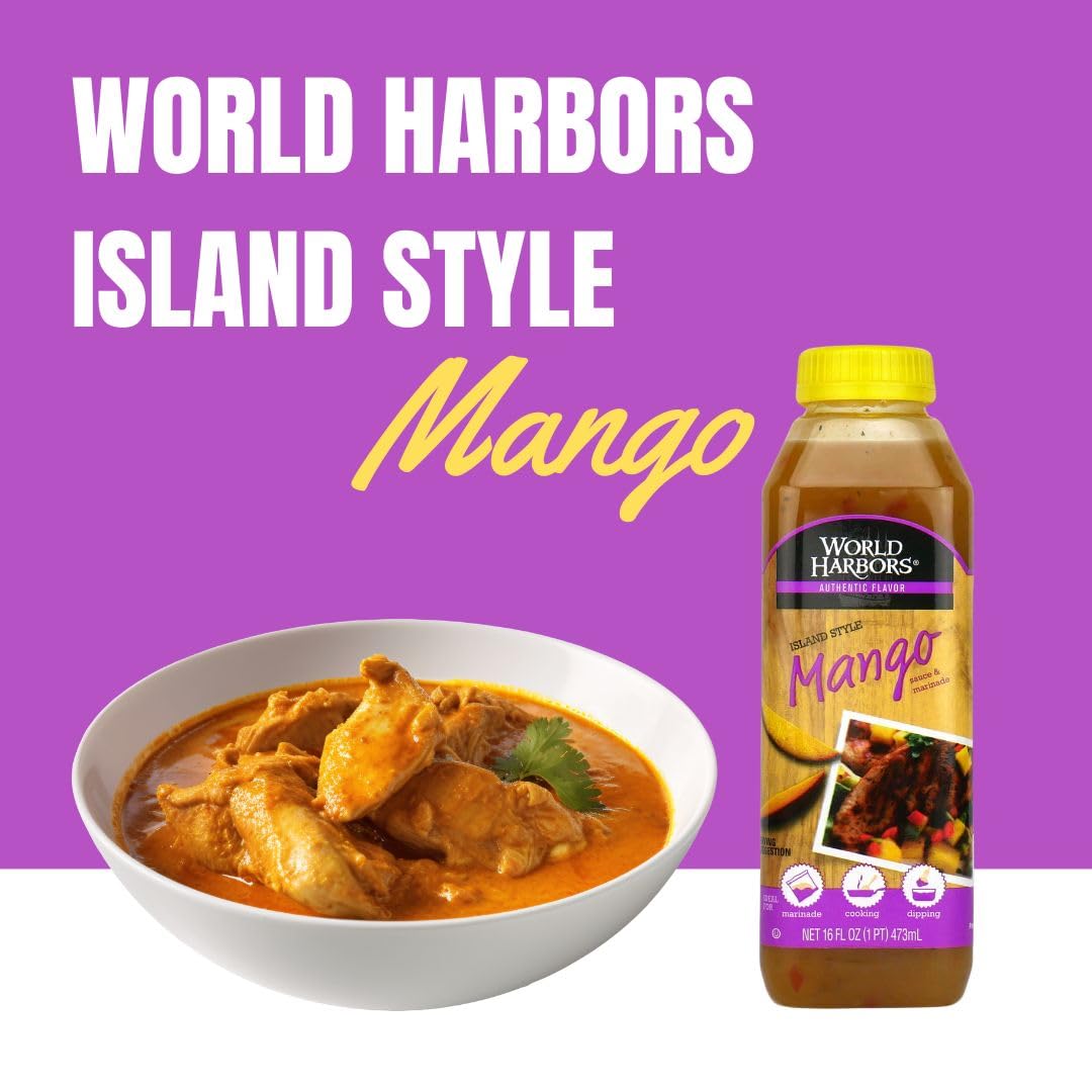 World Harbors Island Mango Sauce & Marinade over a dinner plate offers balanced sweet-tang glaze.
