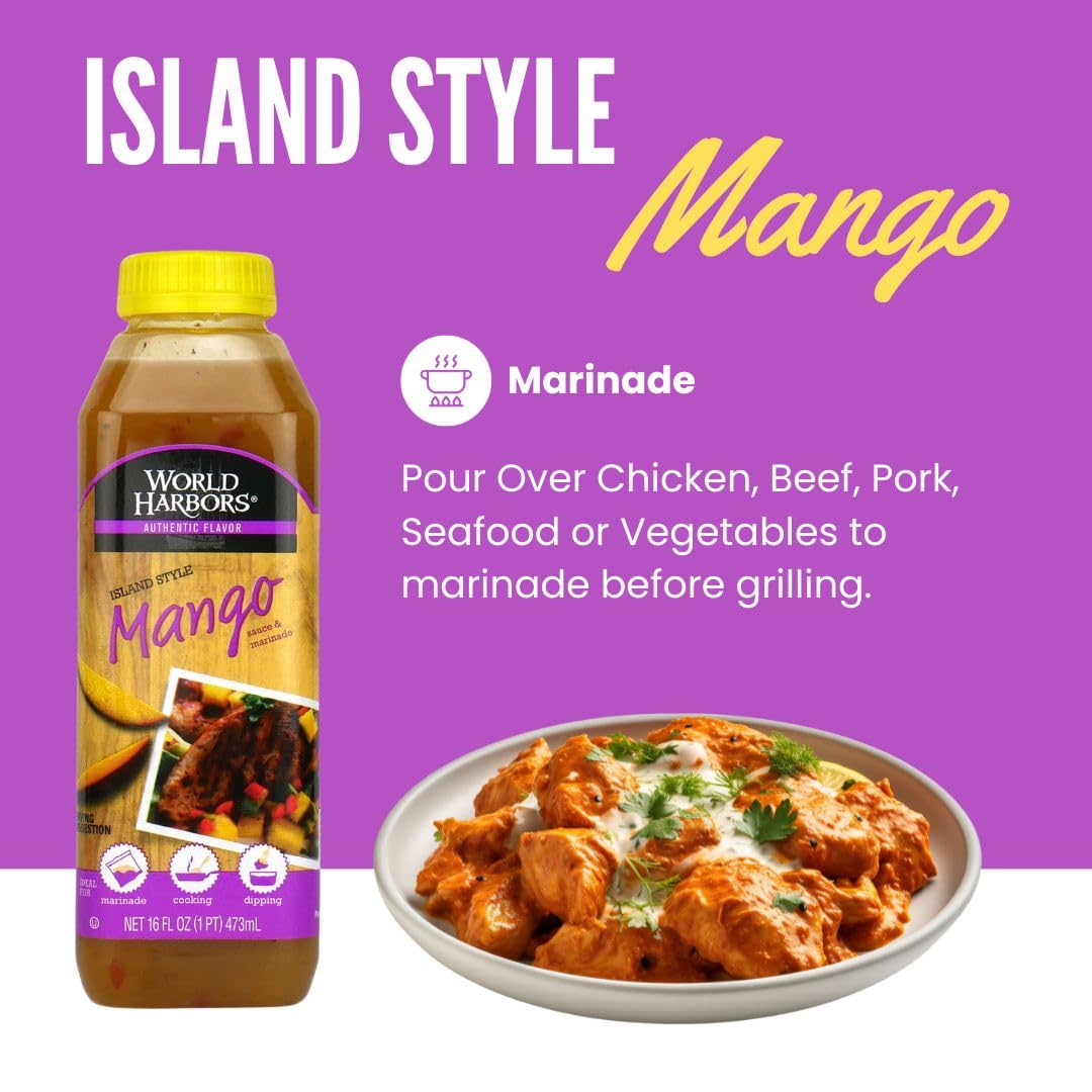 World Harbors Island Mango Sauce & Marinade label closeup highlights small-batch quality.