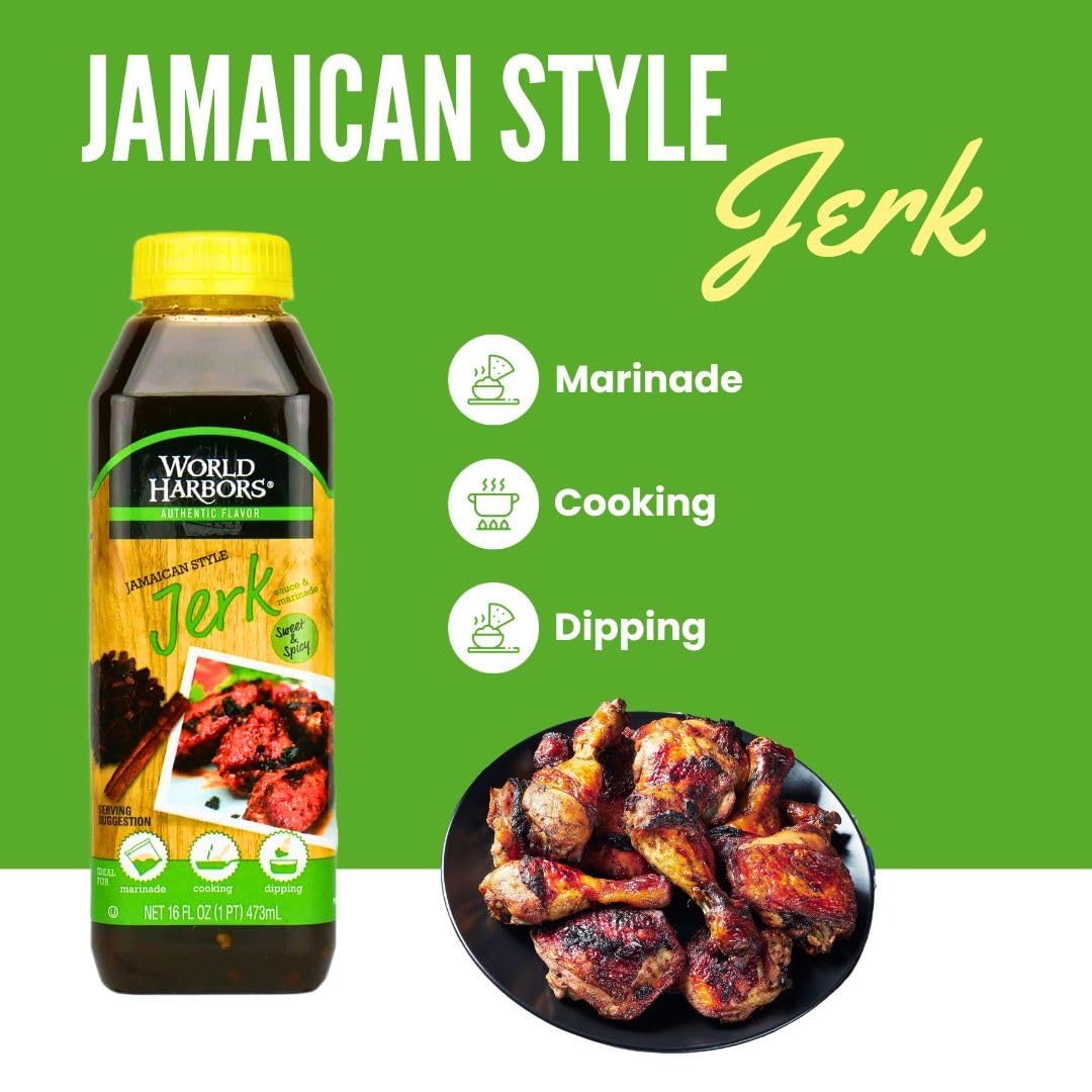 World Harbors Jerk Marinade pack shot showing two 16-ounce bottles.