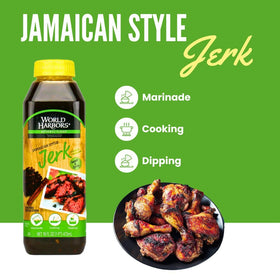 World Harbors Jerk Marinade pack shot showing two 16-ounce bottles.