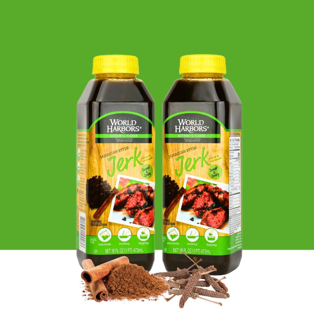 World Harbors Jerk Sauce bottle side profile with glossy glaze visible.